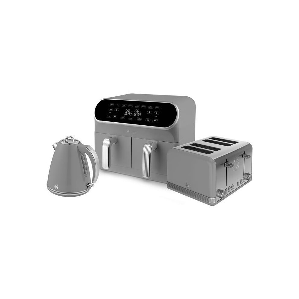 Retro grey kitchen appliance bundle featuring a 4-slice toaster with chrome accents, a cordless kettle with a sleek design, and a dual air fryer with a modern touch panel.