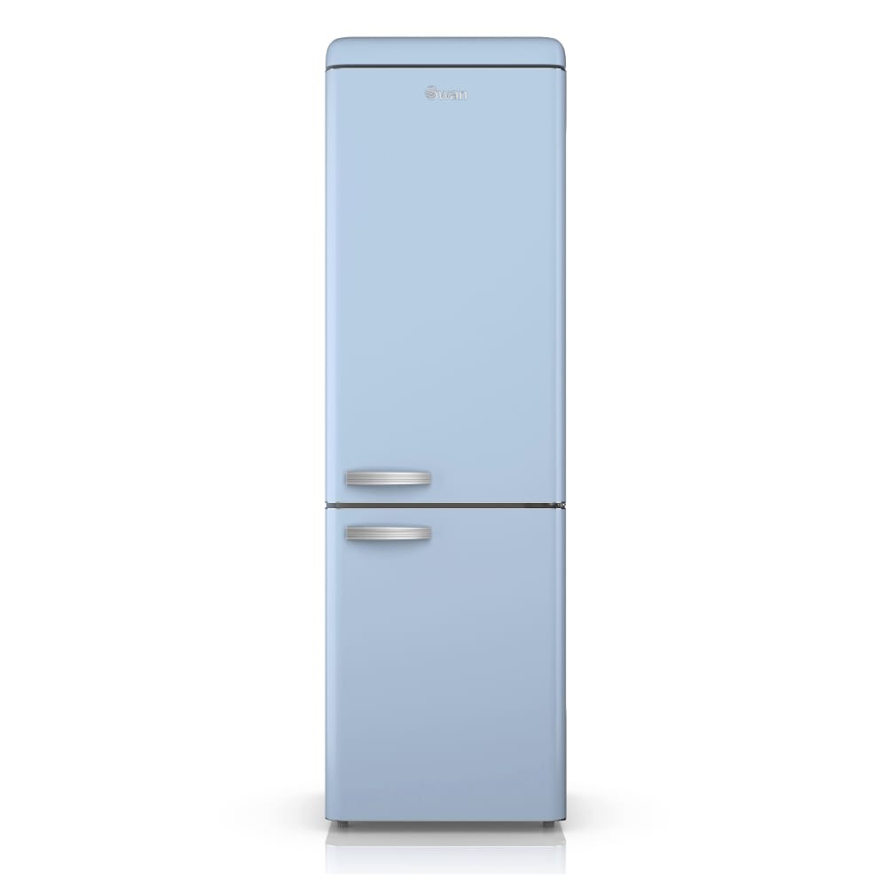Light blue retro-style fridge freezer with a glossy finish, featuring a top refrigerator compartment and a bottom freezer, accented by silver handles.
