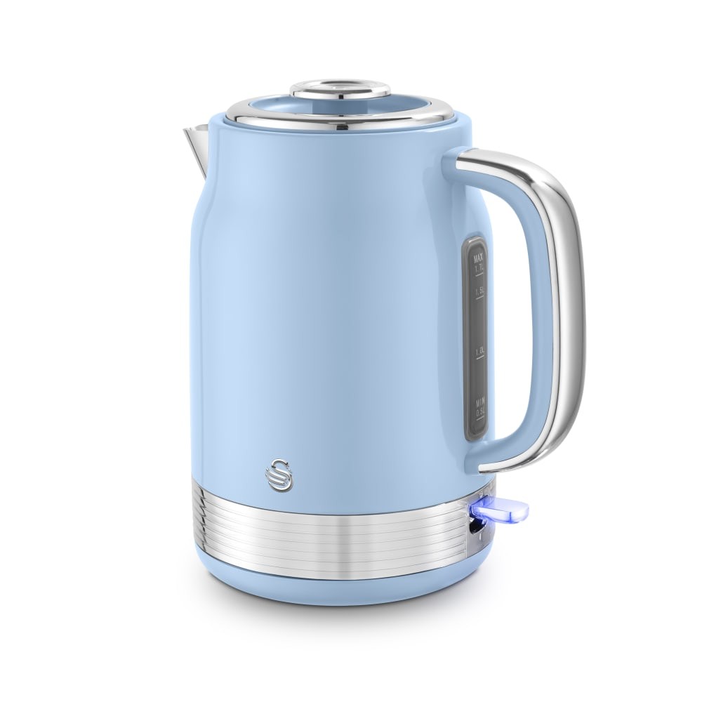 Light blue retro-style 1.7L jug kettle with a stainless steel base, a transparent water level indicator, and a blue LED power light.