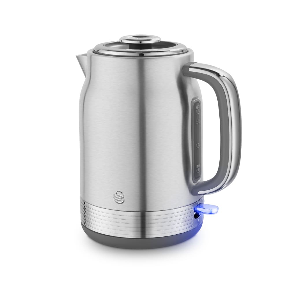 Swan 1.7L retro cordless jug kettle in stainless steel with a sleek design, featuring a blue LED indicator, a stainless steel lid, and a comfortable handle.