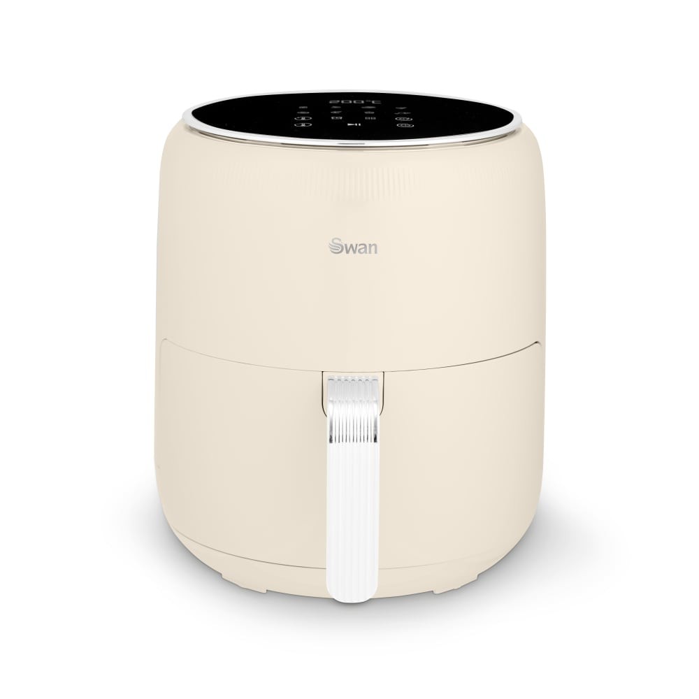 Cream-colored Swan Retro 4.5 Litre Air Fryer features a sleek design, a black control panel with digital buttons, and a white handle for easy access to the cooking basket.
