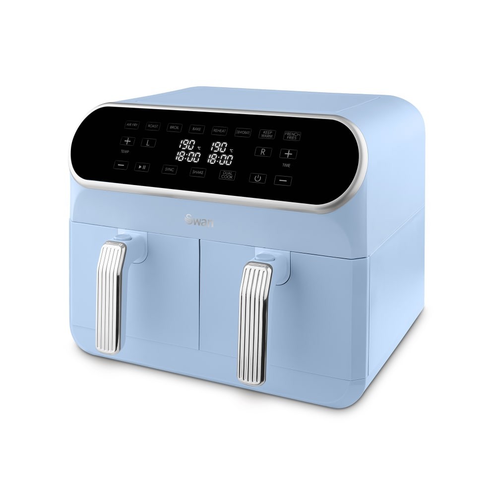 Retro 8L dual basket air fryer in pastel blue with a sleek design, featuring a digital control panel and two pull-out baskets for simultaneous cooking.
