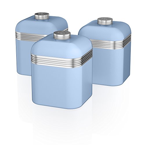 Set of three retro canisters in pastel blue with a glossy finish, featuring silver-striped bands and round metal lids.
