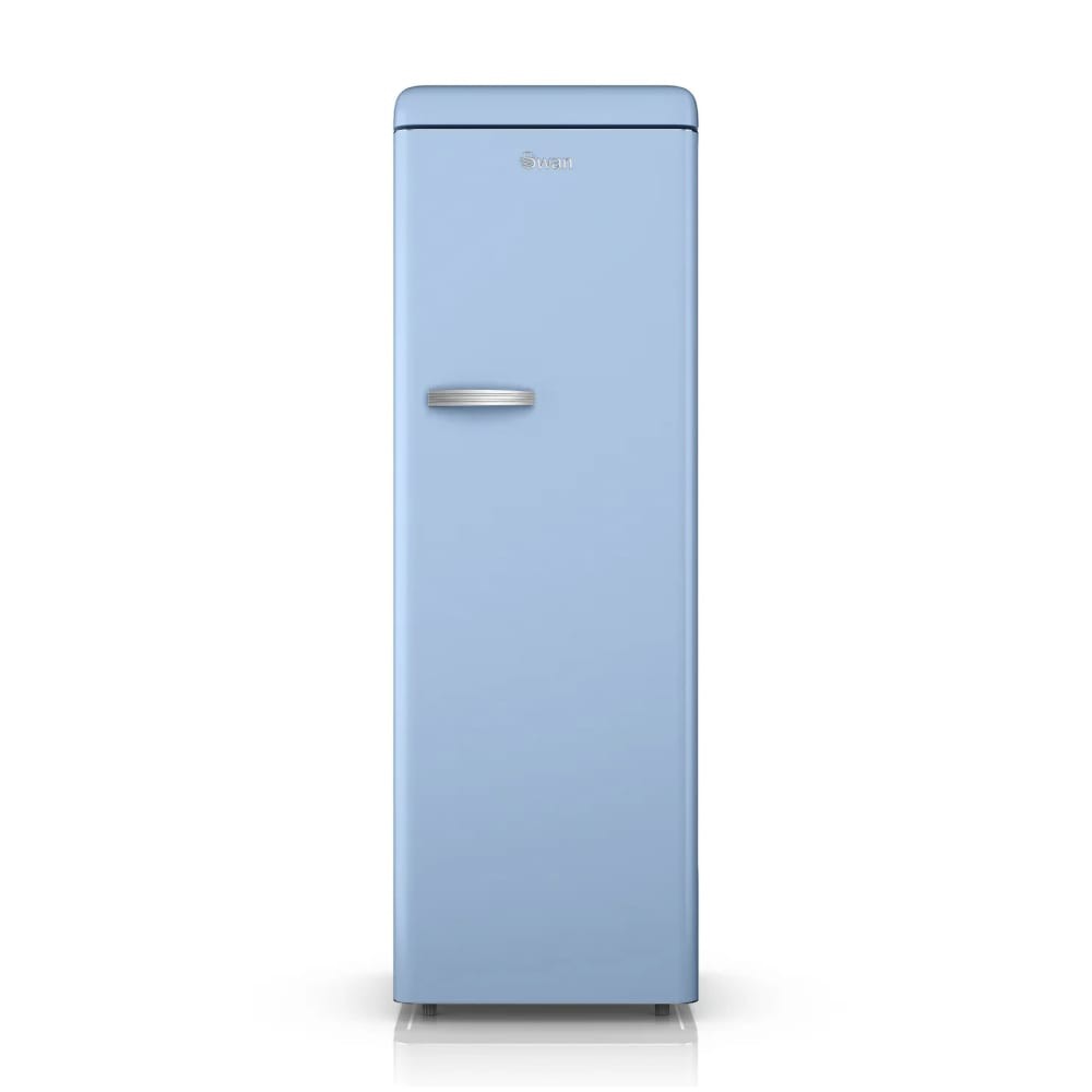 Tall larder fridge in a soft pastel blue finish, featuring a sleek design, rounded edges, a chrome handle, and a minimalist aesthetic by Swan.