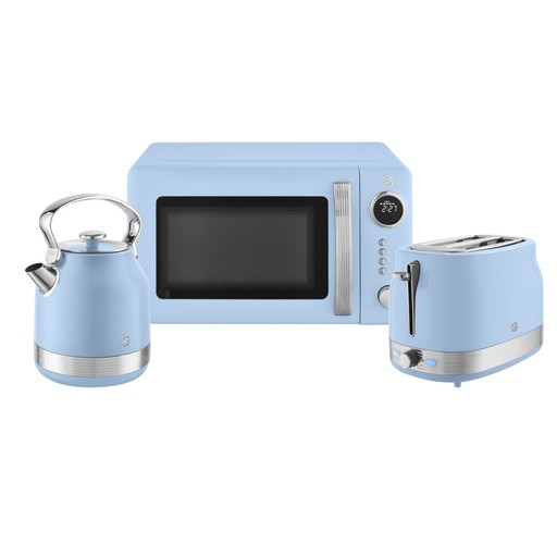 Light blue retro kettle, toaster, and microwave bundle by Swan, featuring stainless steel accents and a classic design, perfect for a stylish kitchen.