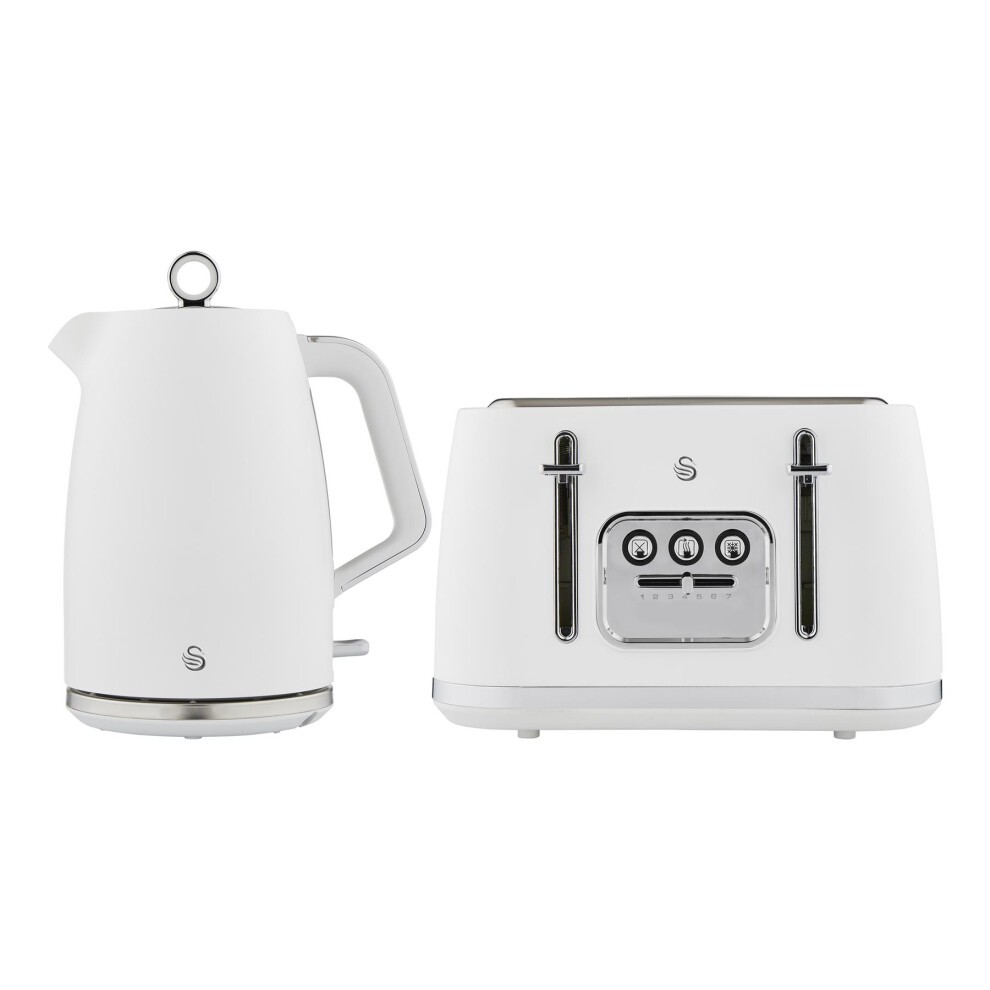 Swan Serenity Kitchen Set in sleek black features a 1.7L kettle with a stainless steel base and a 4-slice toaster with chrome accents and three control buttons.