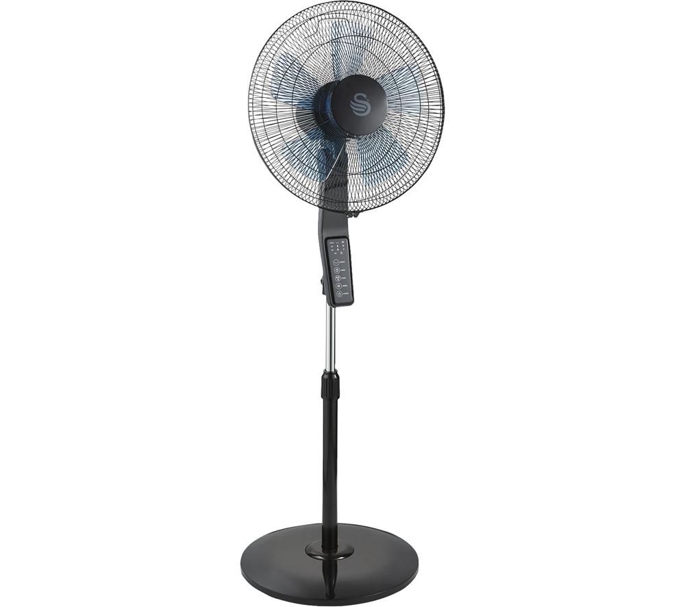 Swan Silence 16-inch stand fan features a sleek black base, a metal mesh grille, and a blue accent, with a remote control and adjustable height for convenience.