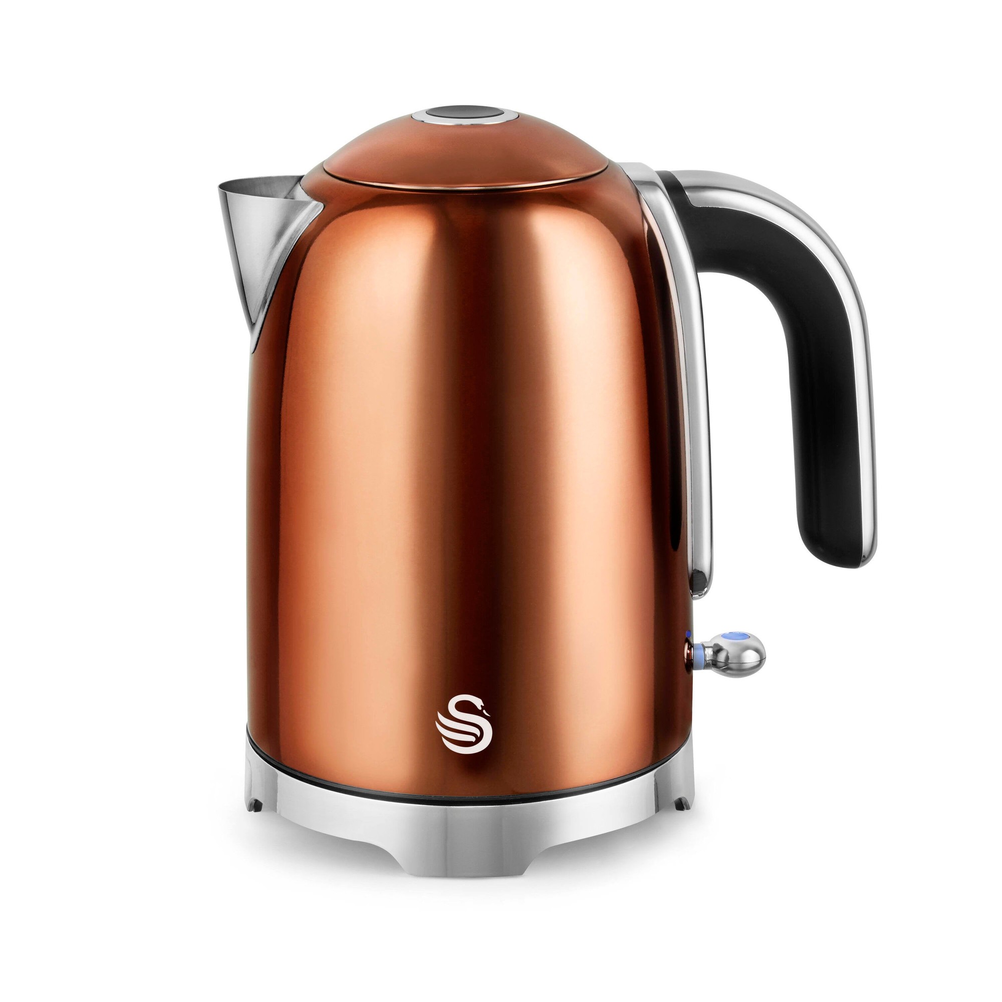 Copper-colored stainless steel kettle with a sleek design, featuring a black handle, a spout, and a blue indicator light.