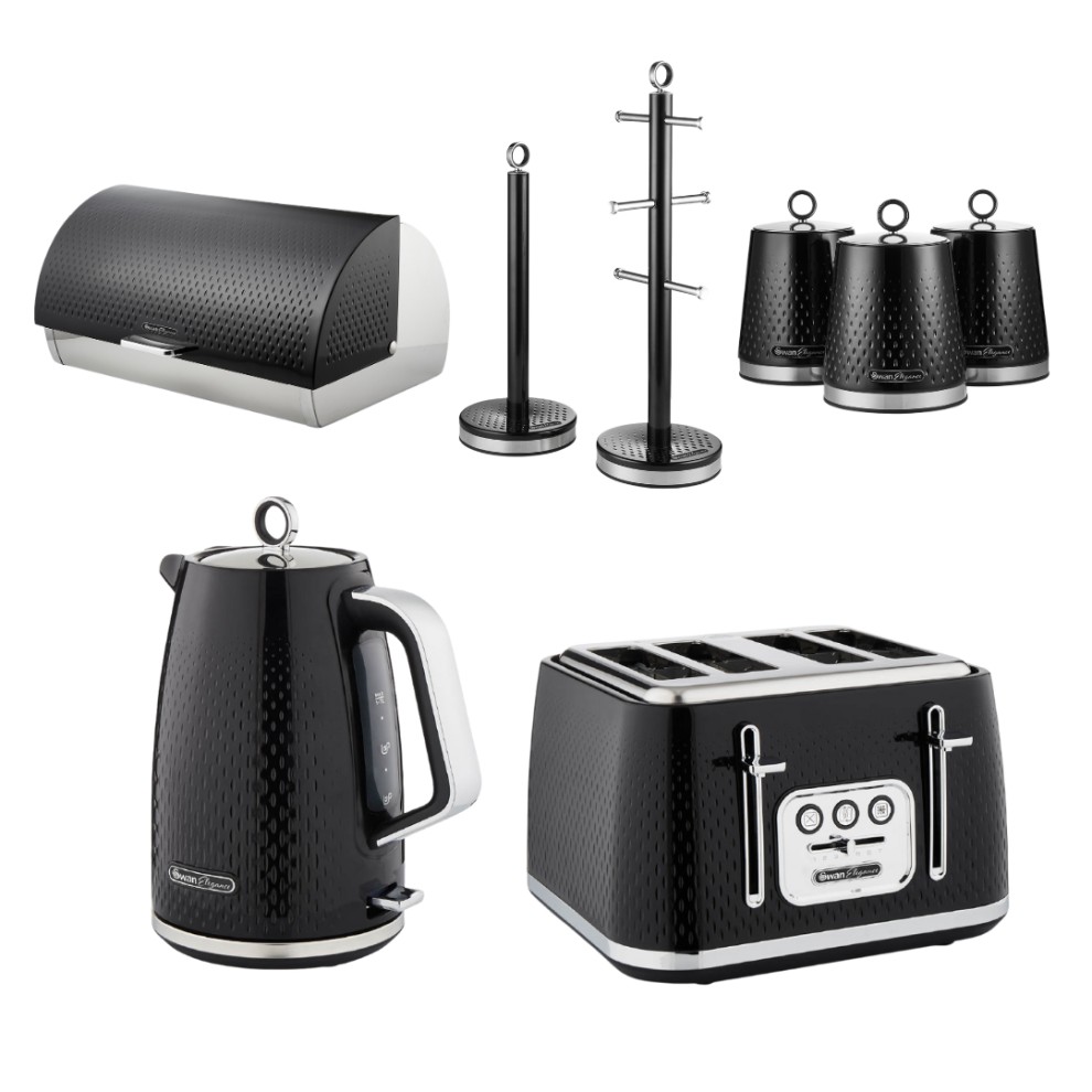 Swan Solace 1.7L Rapid Boil Jug Kettle in black with a sleek design, featuring a transparent water level indicator and a stainless steel handle.
