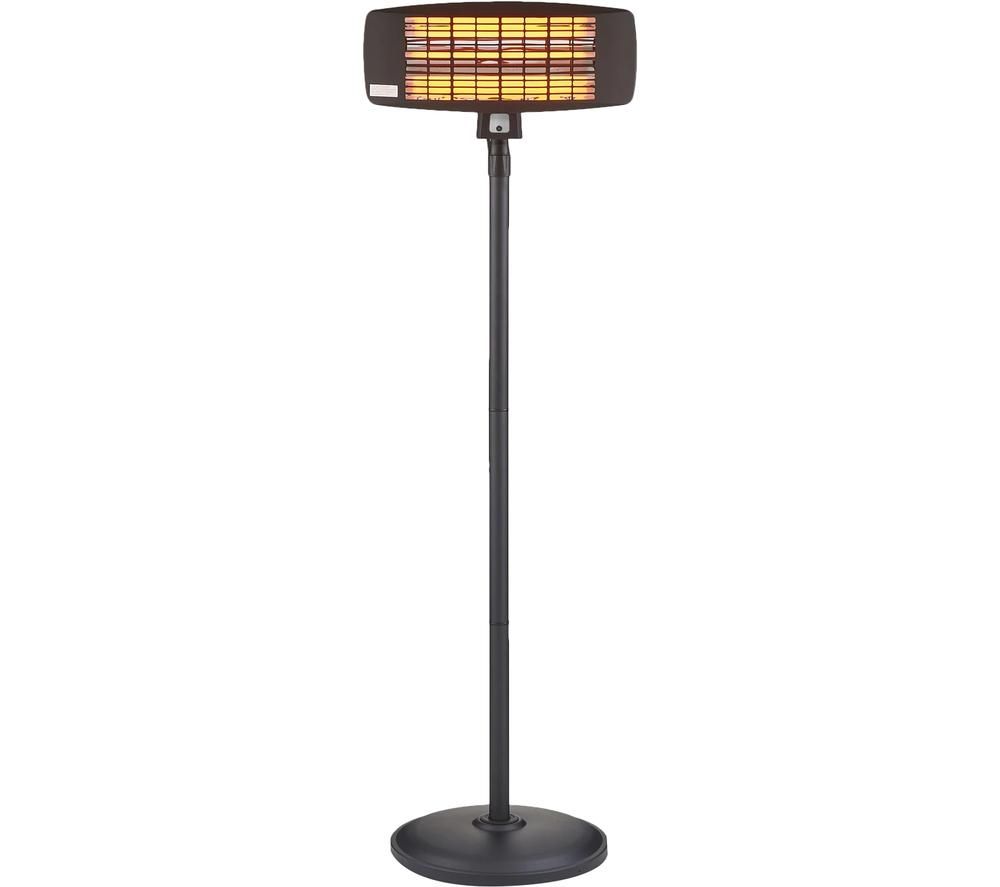 Black metal patio heater with a tall stand, featuring a rectangular heating element that glows orange, designed for outdoor use.
