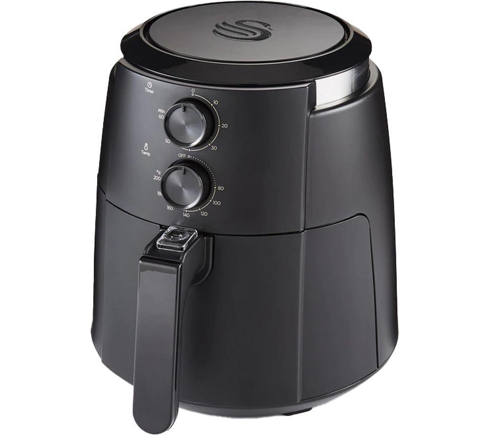 Compact matte black air fryer with a 4.7L capacity, featuring adjustable temperature and a 60-minute timer, designed with a sleek, modern aesthetic and a user-friendly control panel.