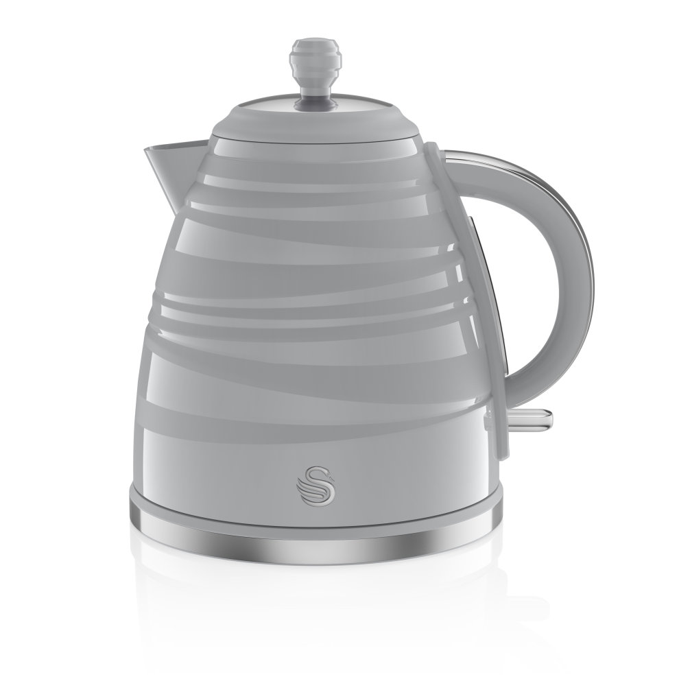 Swan Symphony 1.7 Litre Jug Kettle in light grey with a textured spiral design, stainless steel base, and a clear water level indicator.