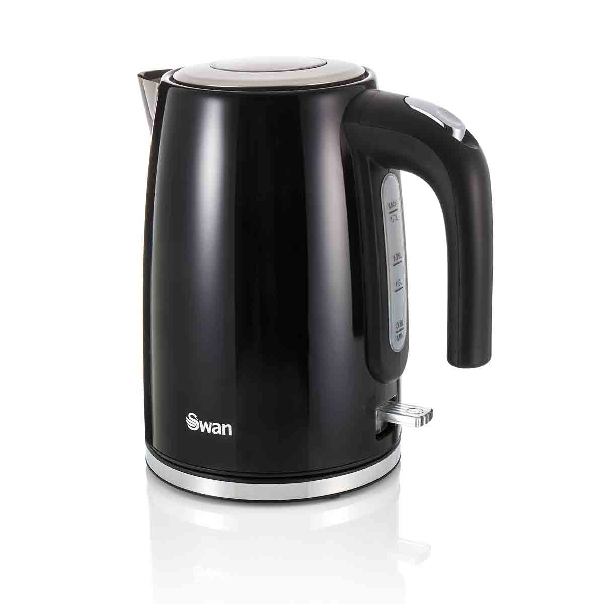 Black plastic kettle with a sleek design, featuring a stainless steel base, a clear water level indicator, and a silver handle, by Swan, model TownHouse 1.7L.