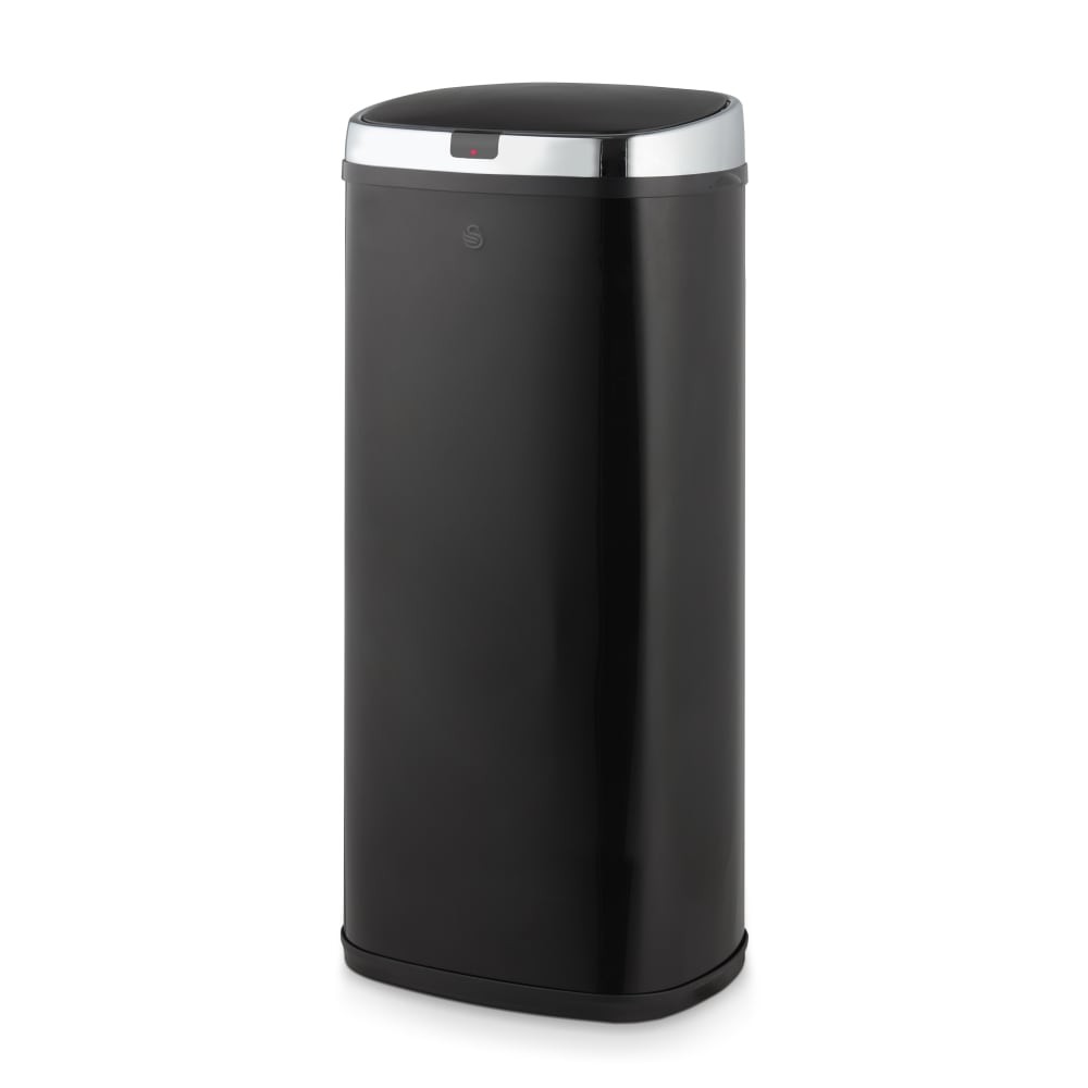 Sleek black 50L square sensor bin with a chrome top, featuring a touchless sensor for easy opening and a modern design suitable for any home.