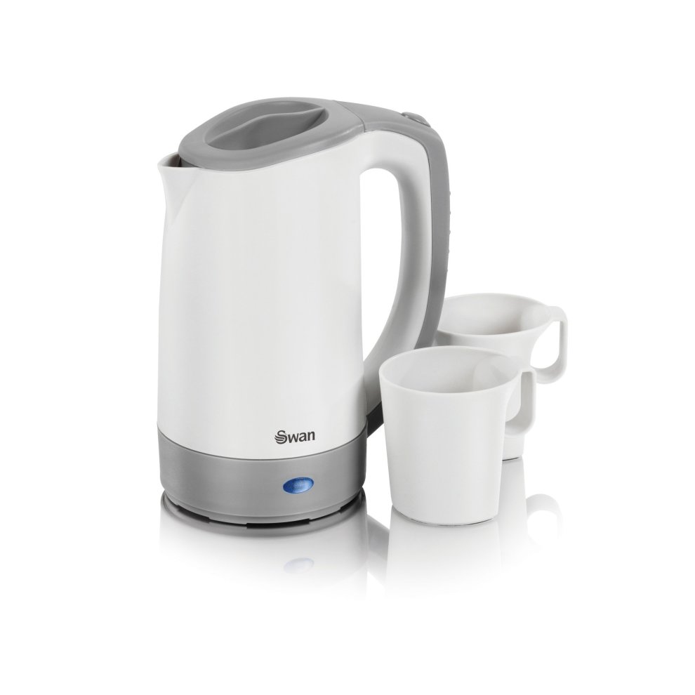 White Swan Travel Kettle with a grey base and handle, featuring a blue power indicator, accompanied by two white cups.