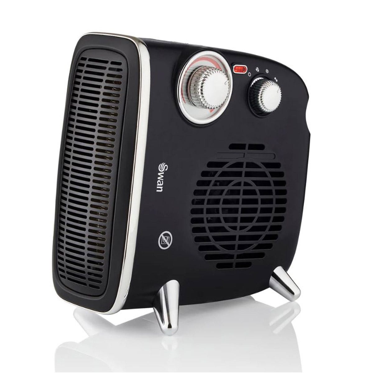 Swan Vertical 1800W fan heater in black with a sleek design, featuring two control knobs, a red indicator light, and a safety tip-over switch.