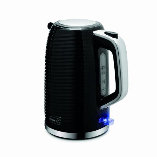Black plastic kettle with a ribbed design, silver accents, a clear water level indicator, and a blue LED light at the base.