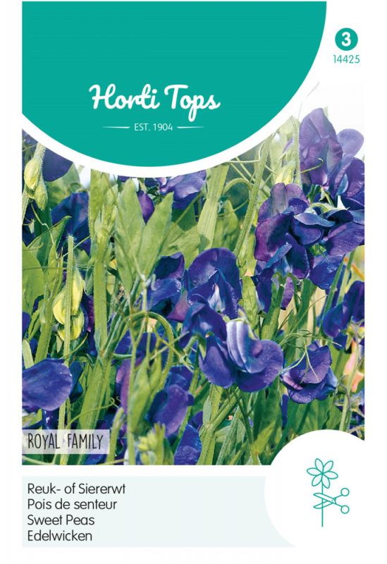 Brightly colored seed packet featuring lush green foliage and vibrant purple sweet pea flowers, labeled "Horti Tops" with product details and a floral icon.