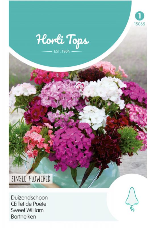 Colorful packaging featuring a variety of Dianthus flowers in shades of pink, white, and burgundy, with a turquoise pot and a label detailing the product name and features.