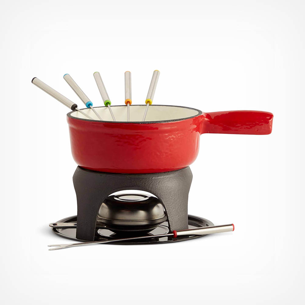 Red ceramic fondue pot with a black metal stand, featuring a handle and eight colorful fondue forks arranged around the pot.
