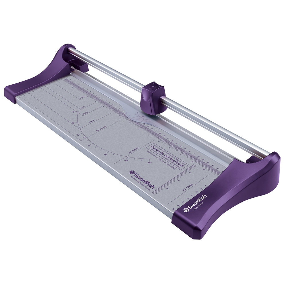 Purple and silver Swordfish SlimLine A3 trimmer with a clear cutting guide, measurement markings, and a sturdy handle for precise paper cutting.