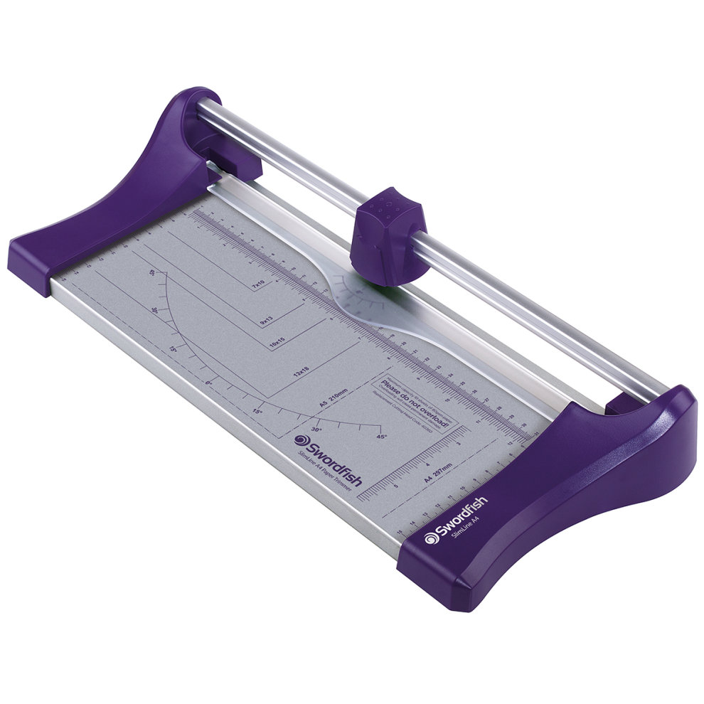Purple and silver A4 trimmer with a metal cutting blade, marked measurement guide, and a sturdy plastic handle for easy operation, designed for precise paper cutting.