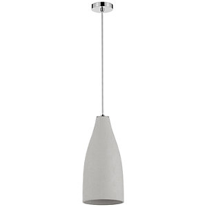 A sleek, gray concrete pendant light with a tapered design, suspended from a chrome ceiling mount by a thin cord, ideal for modern decor.