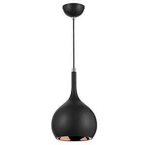 Matt black pendant light with a sleek, rounded shape and a copper interior, featuring a long, slender suspension cable and a matching ceiling mount.