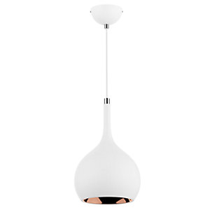 Matt white pendant light with a sleek, teardrop shape and a copper interior, suspended from a slender white cord and matching ceiling mount.