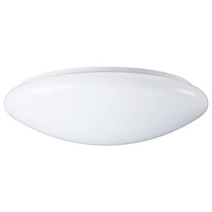 White, oval-shaped Sylvania 12W LED ceiling light with a smooth finish, offering 3000K/4000K color temperature and 1025 lumens, rated IP44 for moisture resistance.