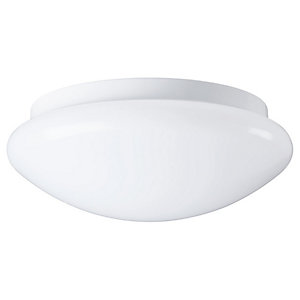 White, round Sylvania LED bulkhead light with a smooth, glossy finish, featuring a dual-tone design and an IP44 rating for moisture resistance.
