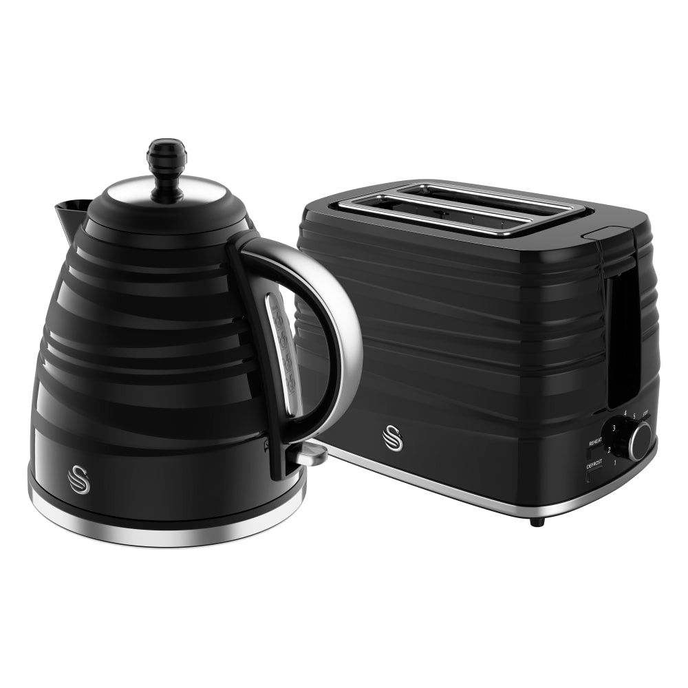 Black striped kettle and toaster bundle by Swan, featuring a sleek design with stainless steel accents and a two-slice capacity for the toaster.