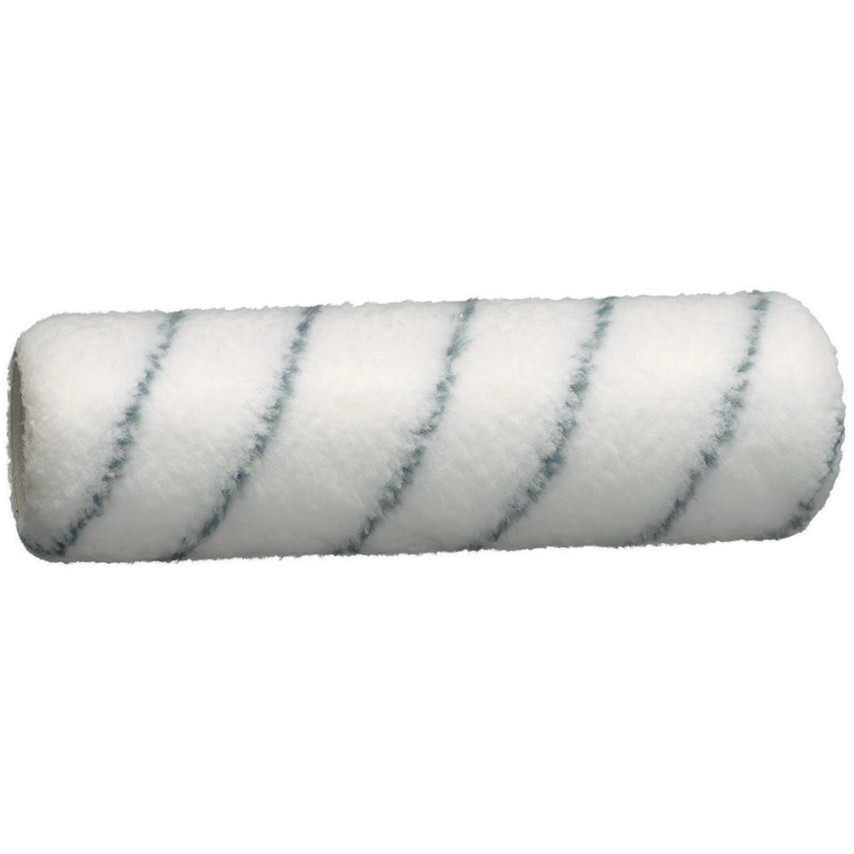 White roller sleeve with medium pile, featuring blue diagonal stripes, designed for smooth paint application, measuring 9 inches in length.