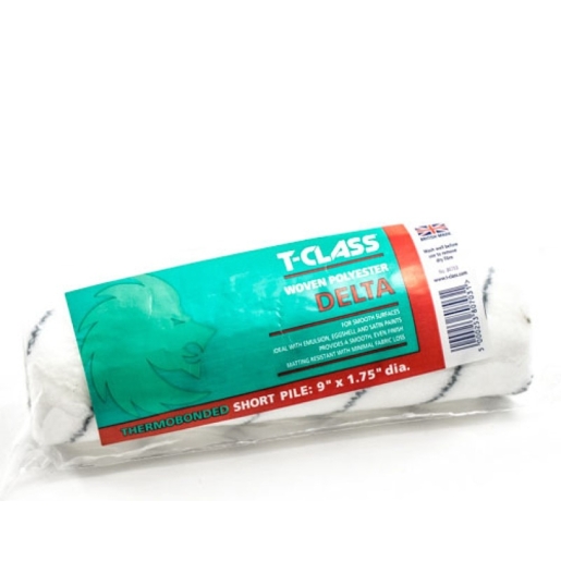 White roller sleeve with black stripes, labeled "T-CLASS Delta," made of woven polyester, measuring 9 inches long and 1.75 inches in diameter, featuring thermobonded short pile.