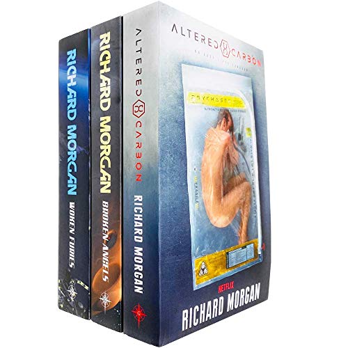 Three paperback books from the "Takeshi Kovacs Novels Series" by Richard Morgan, featuring vibrant covers with sci-fi themes, including a prominent image of a figure in a bag on the central book.