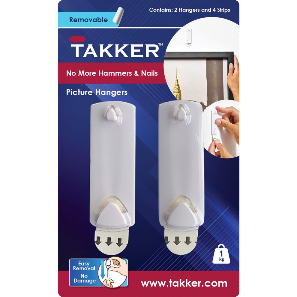 Two white picture hangers with a clear adhesive strip, featuring a simple design for easy application and damage-free removal, packaged with four sticky strips.