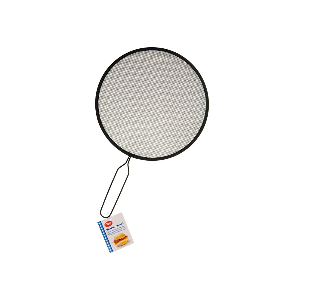 Round, 26cm non-stick spatter guard with a fine mesh surface and a black metal frame, featuring a handle for easy use and a small product tag attached.