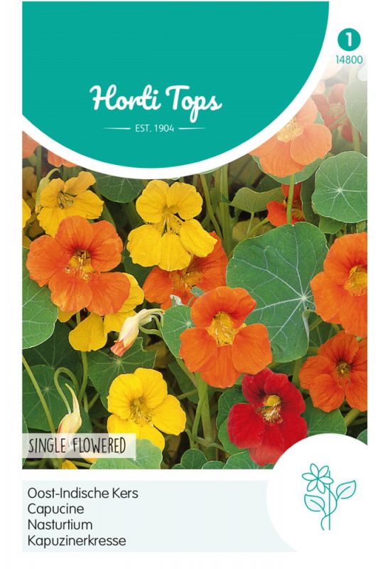 Colorful packet featuring vibrant orange and yellow flowers with green leaves, labeled "Horti Tops" and "Oost-Indische Kers" by De Ree, indicating single-flowered nasturtium seeds.