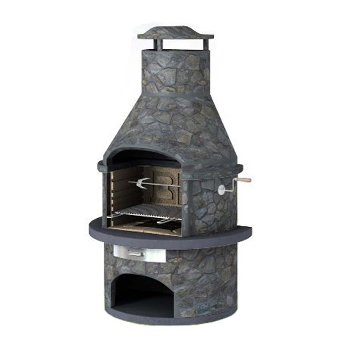 Grey masonry BBQ with a stone finish, featuring a large cooking chamber, a chimney, and a side shelf, designed for outdoor grilling and entertaining.