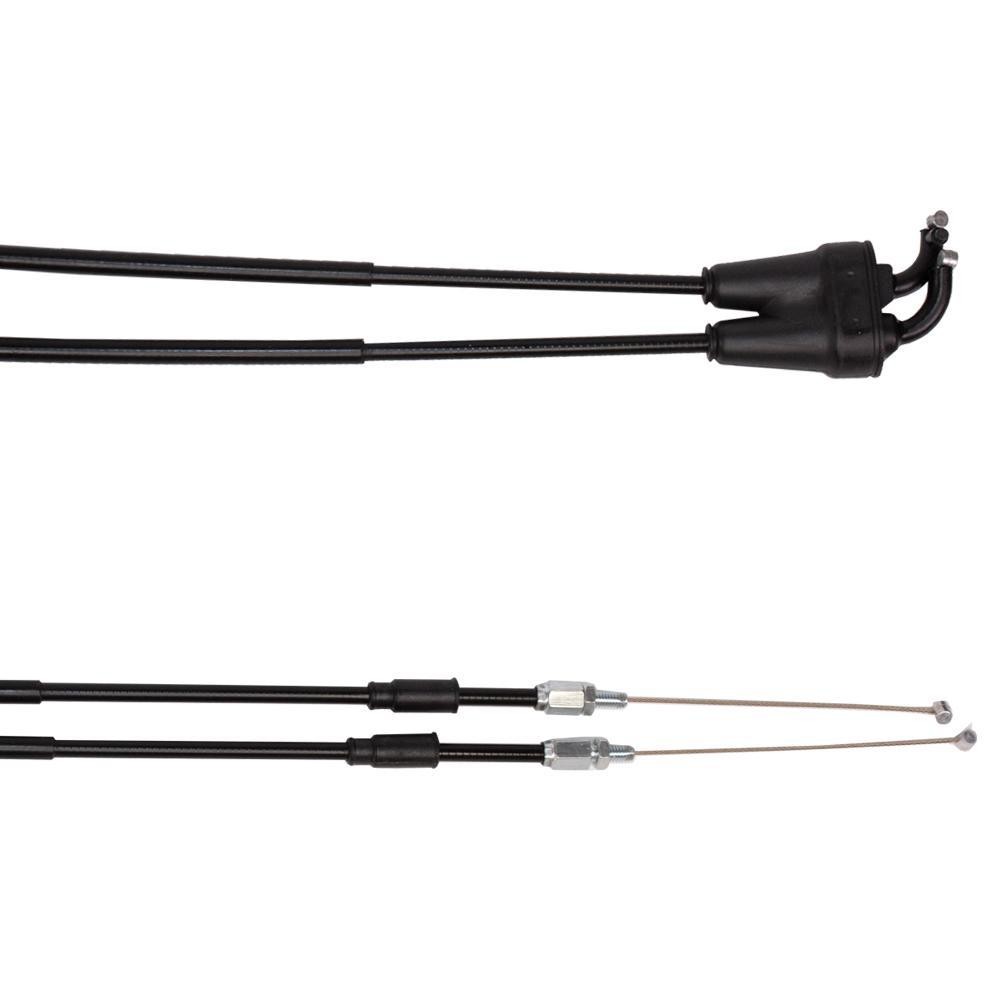 Black throttle cable with two flexible wires and a durable plastic housing, designed for various KTM, Husqvarna, and Gas Gas motorcycle models for 2023-2024.