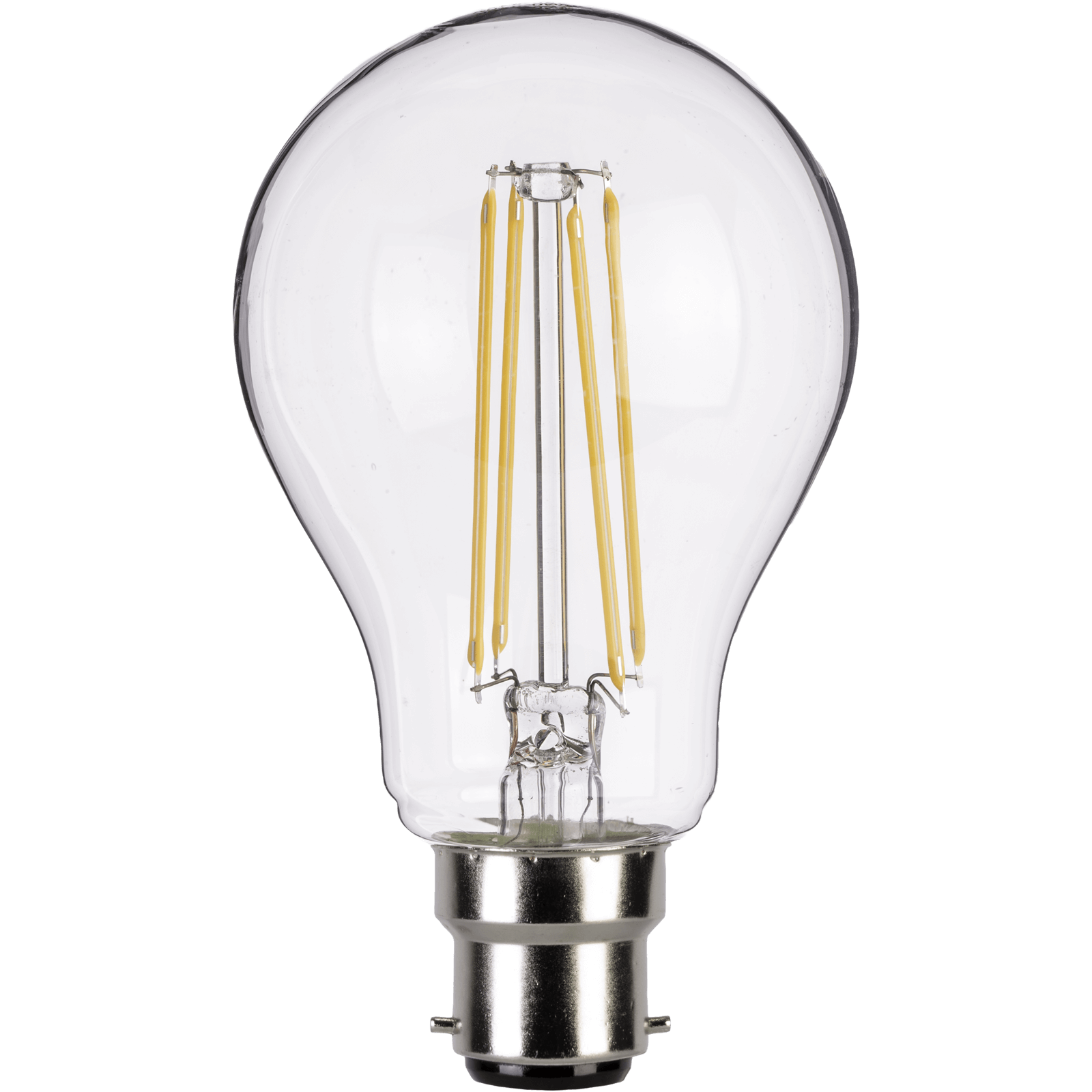 Clear glass bulb with a classic shape, featuring visible yellow LED filaments and a silver base, labeled as TCP LED Filament Classic BC 6.5W.