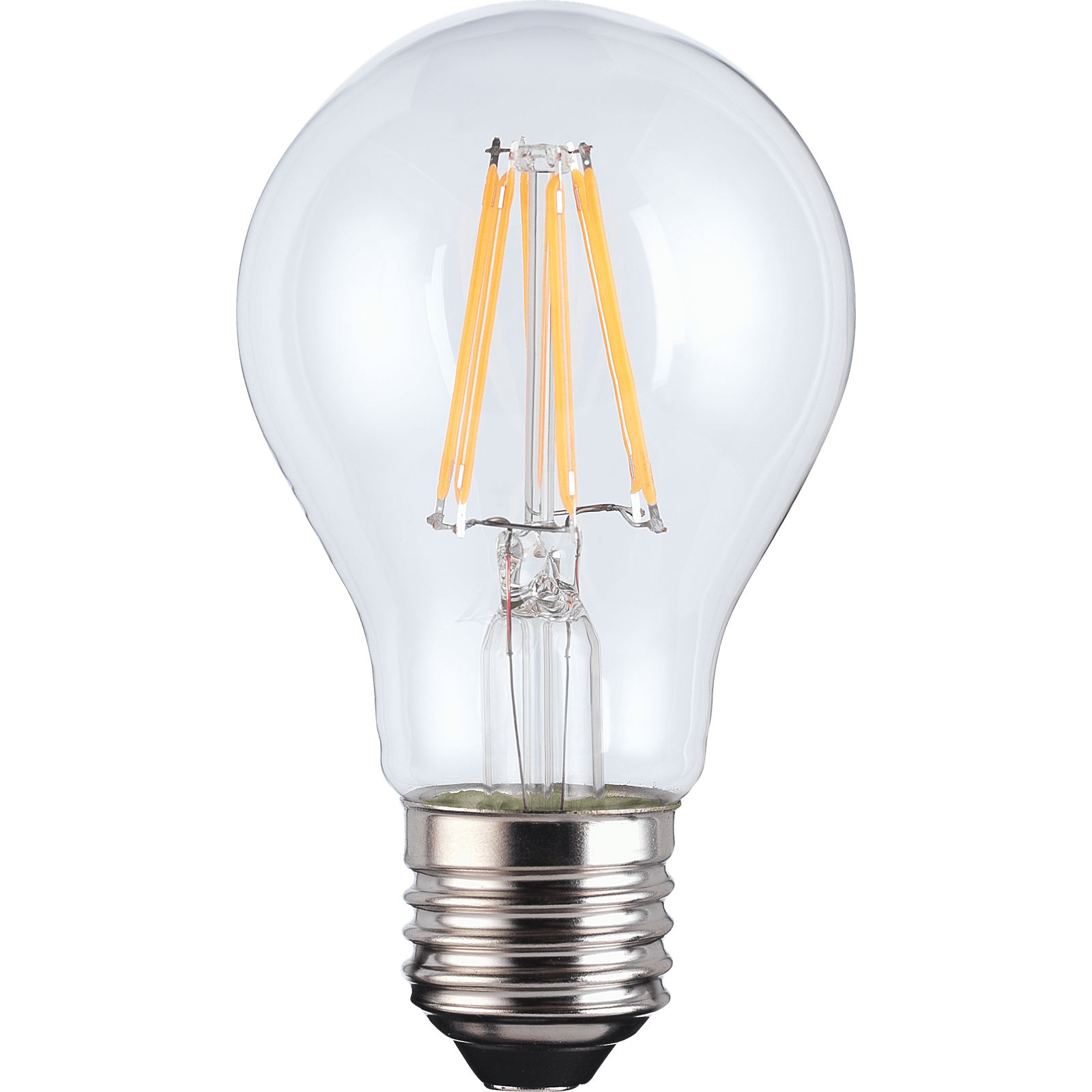 Clear glass LED filament bulb with a classic shape, featuring visible orange filament and a silver base, designed to be dimmable and energy-efficient.