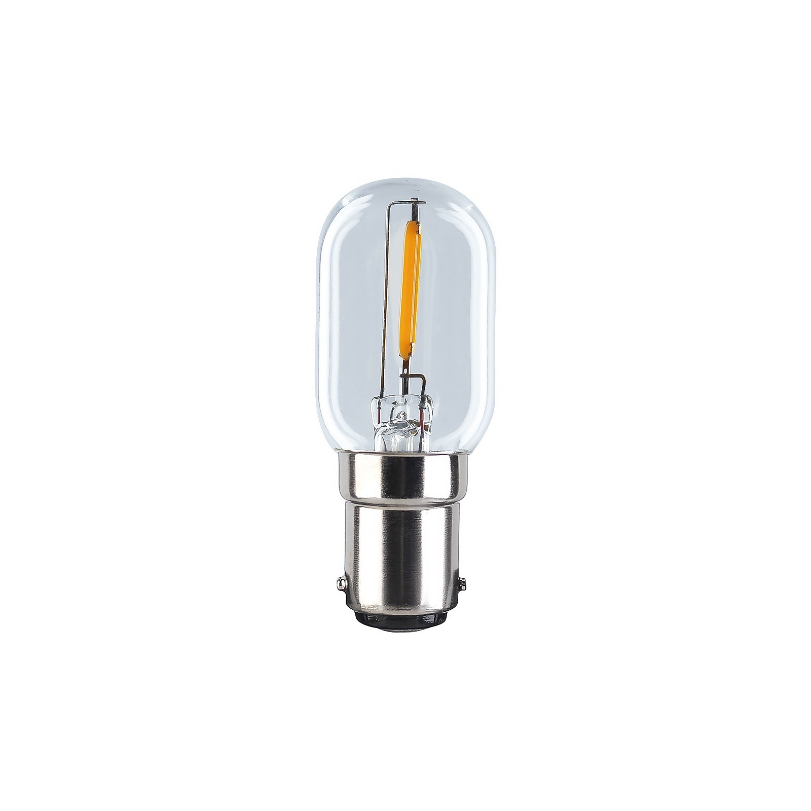 Warm white 1.4W filament bulb with a clear glass oval shape, featuring a single yellow filament and a silver metal base.