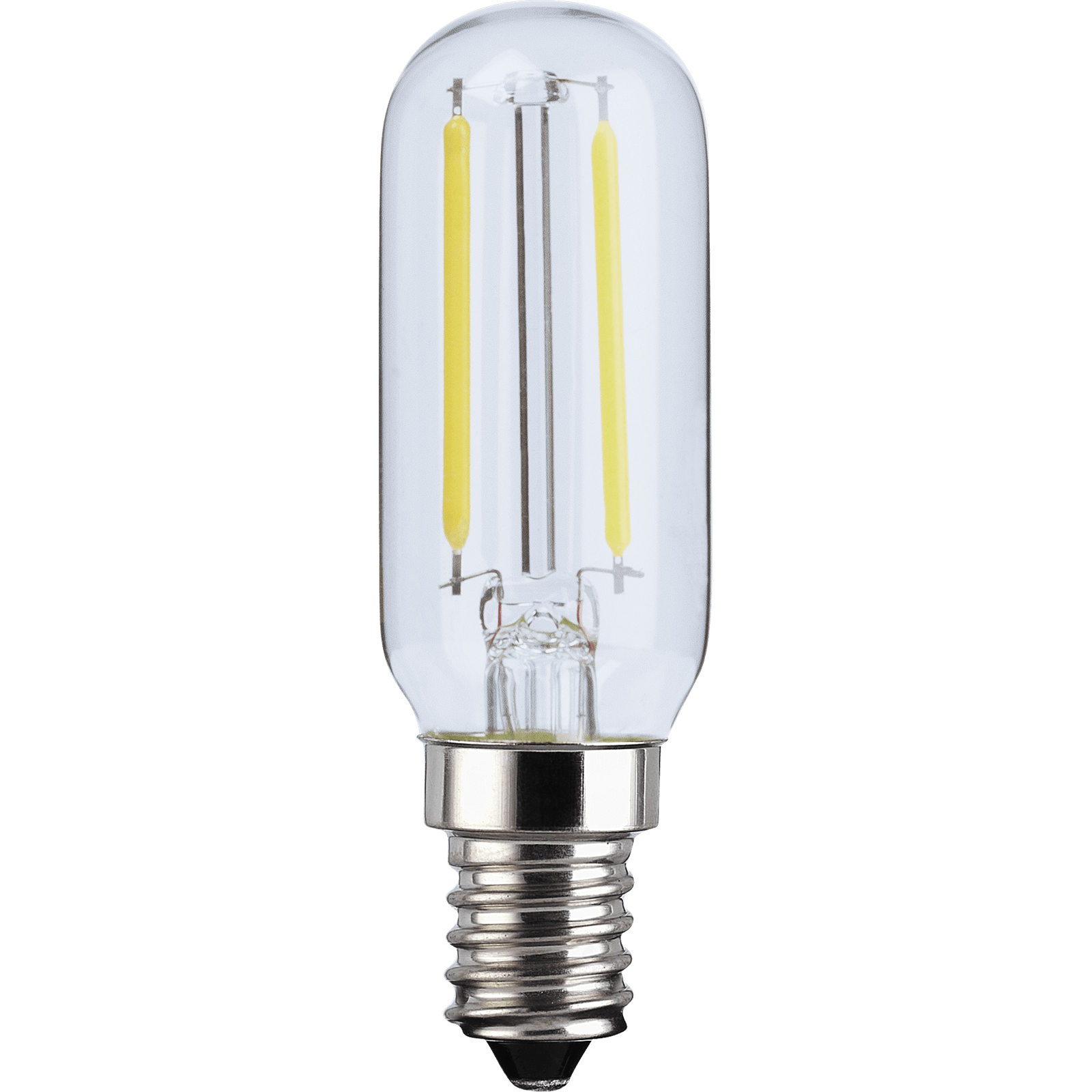 TCP LED Filament T25 2.5W bulb with a clear glass exterior, featuring two yellow filament strips and a silver screw base for easy installation.