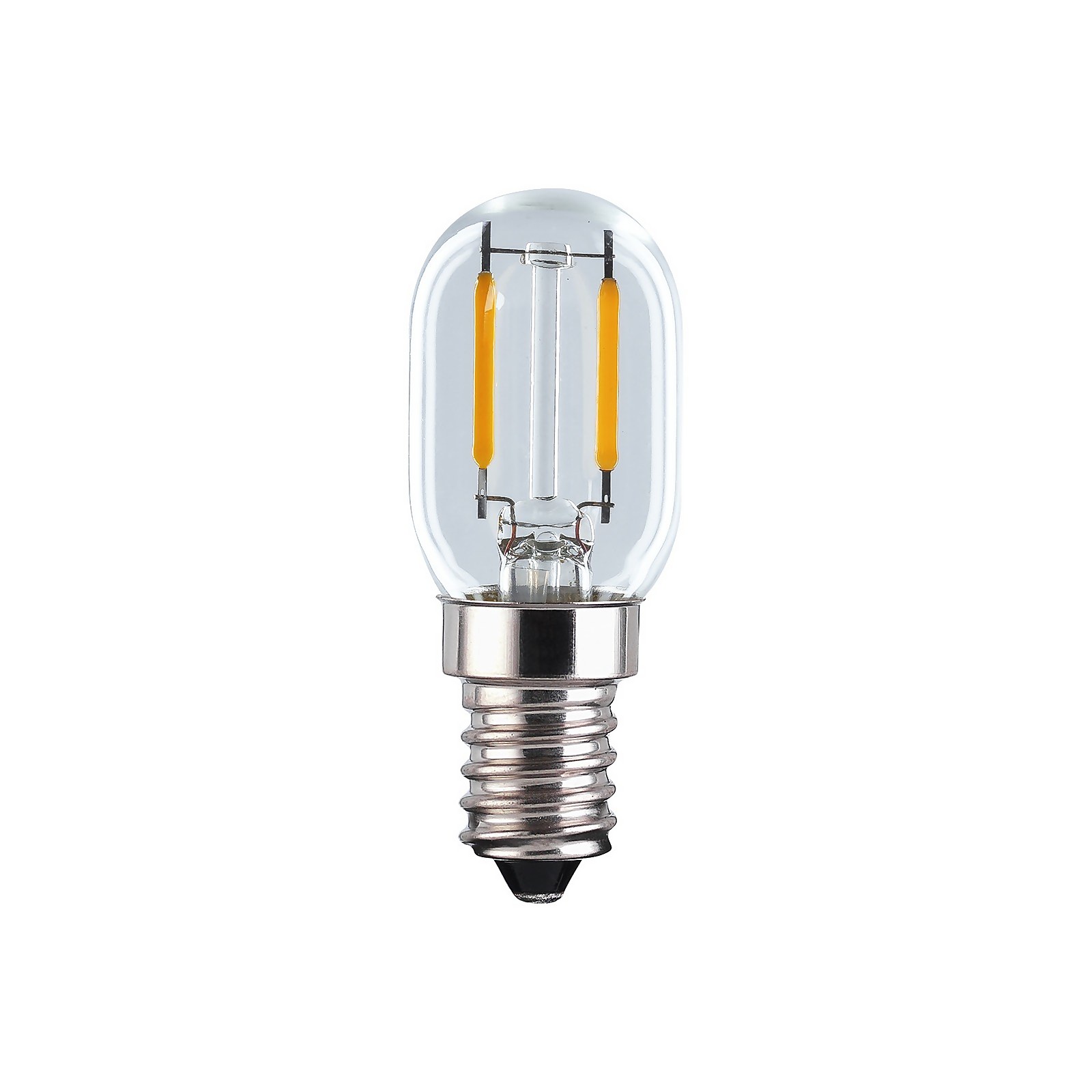 Clear glass bulb with a rounded top, featuring two vertical yellow filaments, a silver screw base, and labeled as a 1.2W SES warm white light bulb by TCP.
