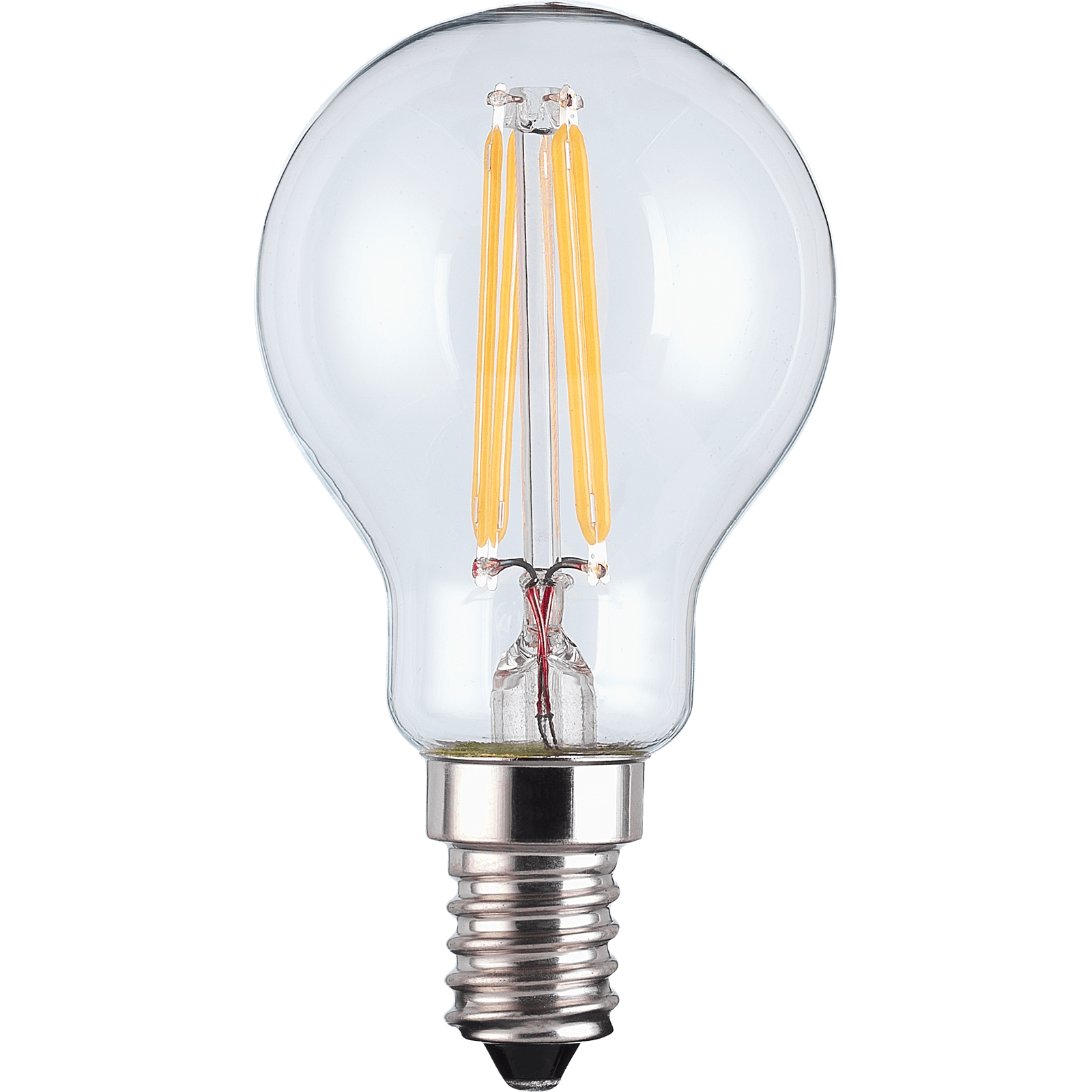 Clear glass globe light bulb with a warm yellow filament, featuring a silver screw base, designed for energy-efficient lighting, sold in a pack of three.