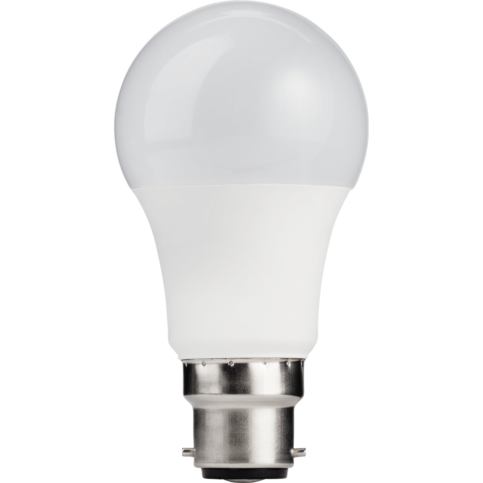 TCP LED Classic 9W BC warm light bulb with a smooth white glass exterior and a silver base, designed for energy-efficient lighting, sold in a pack of five.