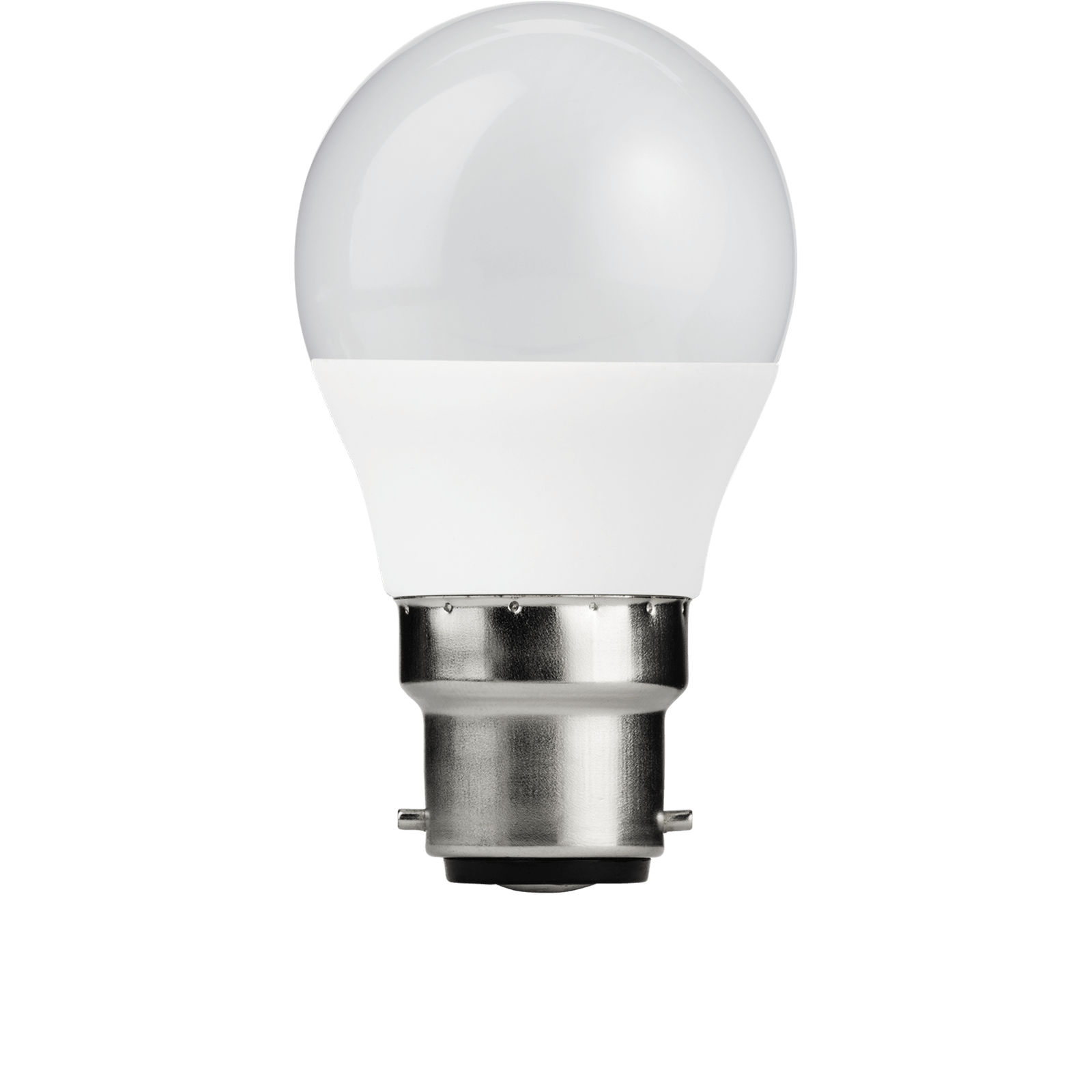 TCP LED globe light bulb in warm white, 5.5W, non-dimmable, featuring a smooth white glass top and a silver base, sold in a 2-pack.