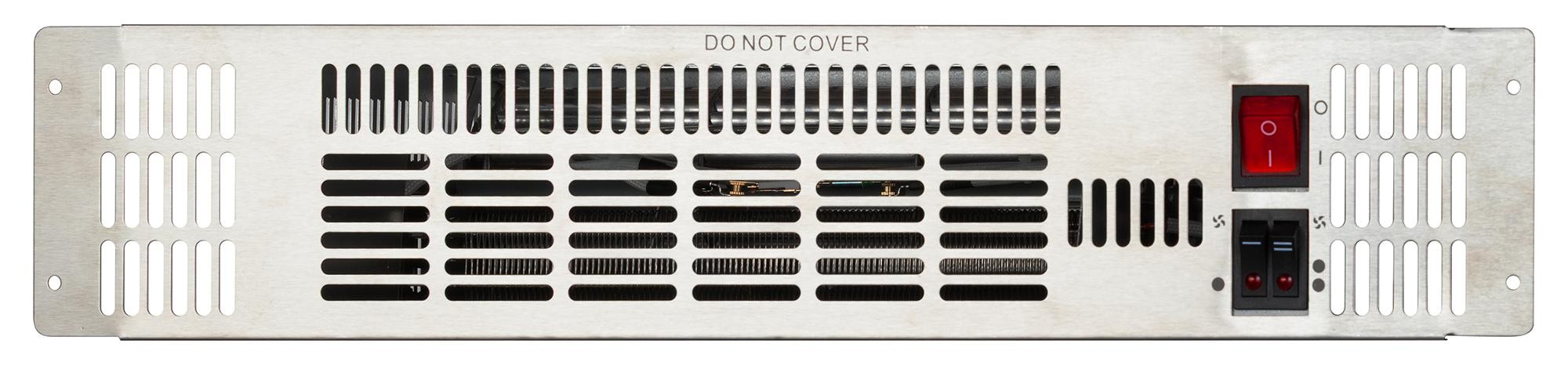 TCP 2kW plinth heater in stainless steel with a remote thermostat, featuring a sleek design, ventilation slots, and a power switch with an indicator light.