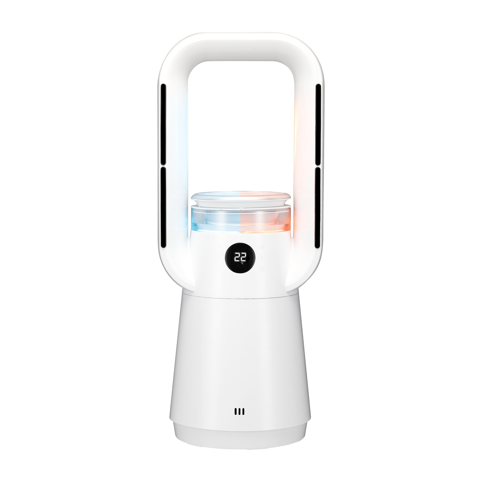 TCP White 4 in 1 Air Care Circulator features a sleek white design, a transparent top section, a digital display, and colored LED lights for ambiance.